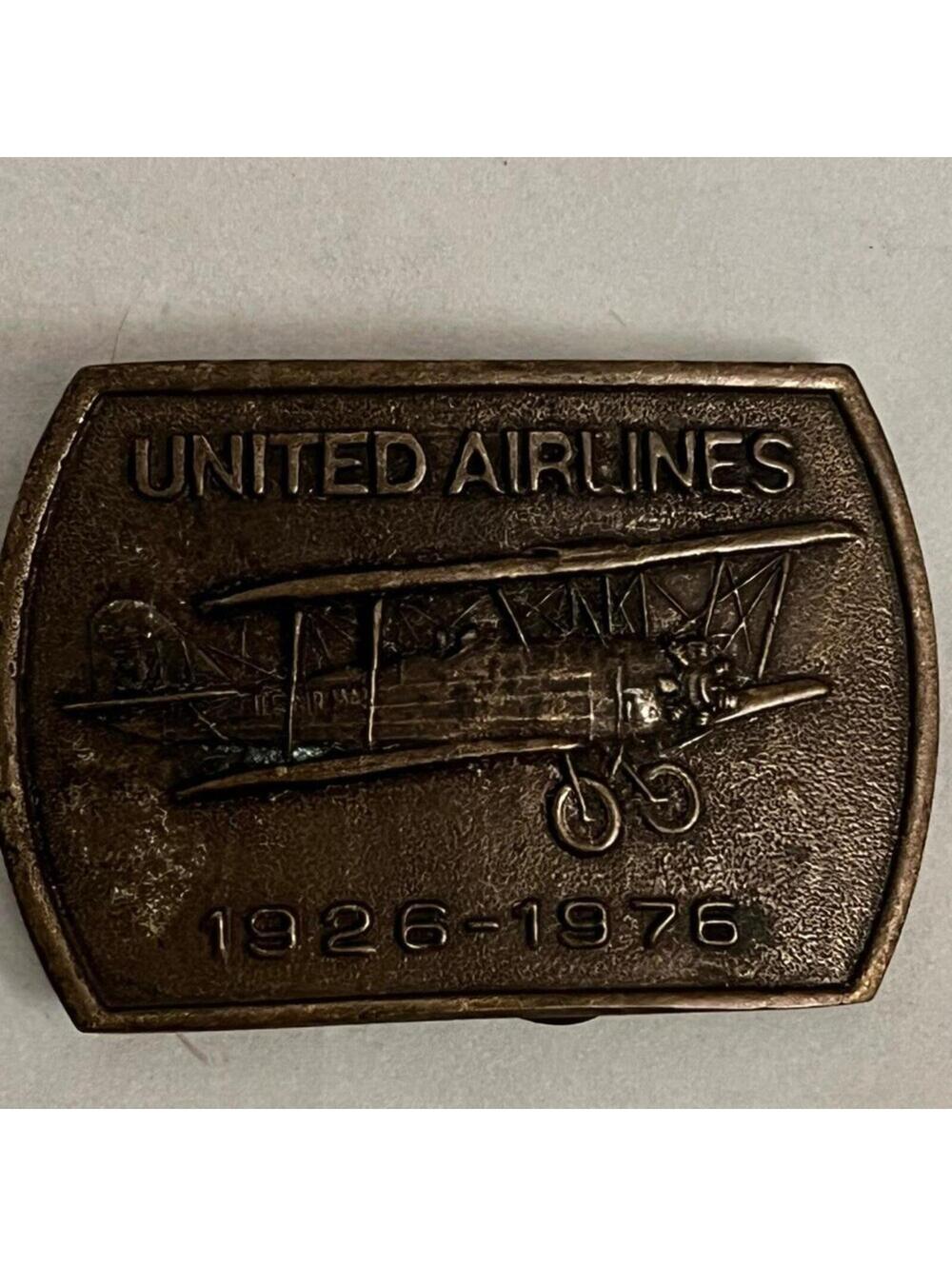 United Airlines 50th Anniversary 1926-1976 Biplane Brass Belt Buckle